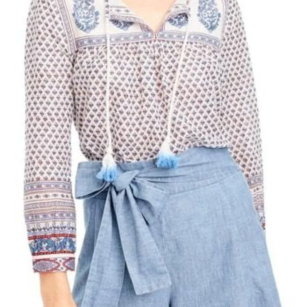 ☀️ J CREW Point Sur Printed Boho Floral Tassel Top Size XS Oversize